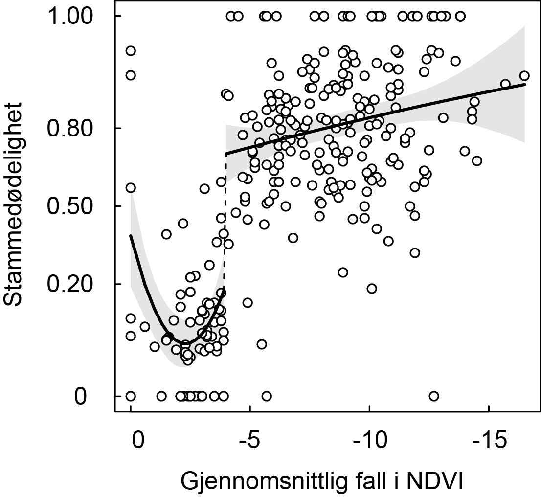 Sammenheng mellom satellittmålt beiting av målerlarver (gjennomsnittlig prosent fall i NDVI for 2001-2010) og dødelighet av bjørkestammer. Linjene viser prediksjoner fra en diskontinuerlig regresjonsmodell som identifiserer en kritisk terskel ved et gjennomsnittlig fall i NDVI på 4%. Fra Vindstad et al. 2017. 